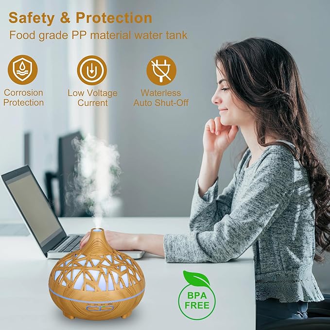 Wooden Lattice Ultrasonic Aroma Diffuser | Elegant Essential Oil Mist Humidifier for Home & Office